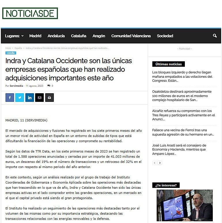Indra y Catalana Occidente son las nicas empresas espaolas que han realizado adquisiciones importantes este ao